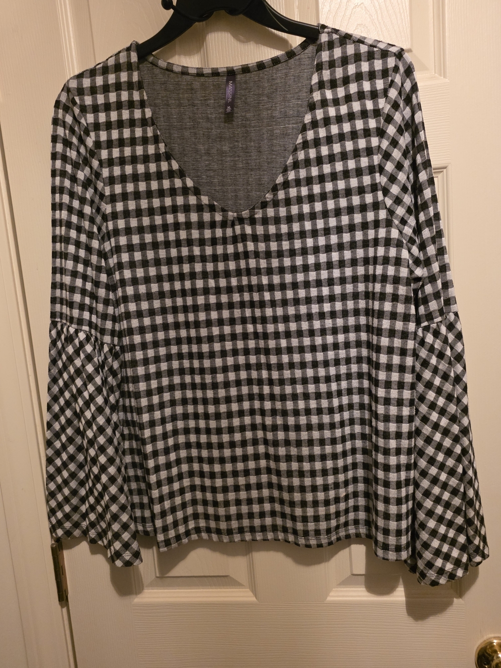 Women's Black and White Gingham V-Neck Bell Sleeve Top
